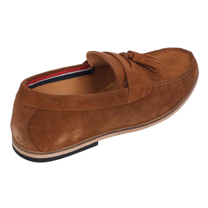 Tan - Back - Dune London Mens Blaisse Tassel Trim Suede Loafers
