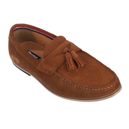 Tan - Front - Dune London Mens Blaisse Tassel Trim Suede Loafers