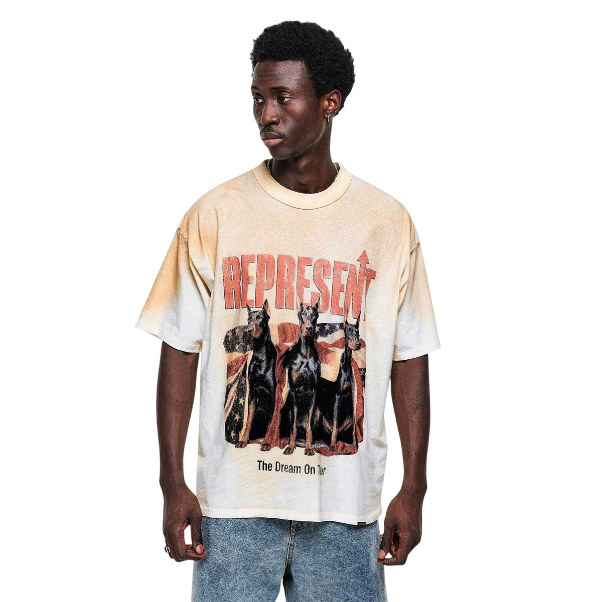 Washed-Ecru - Side - Represent Mens Logo Oversized T-Shirt
