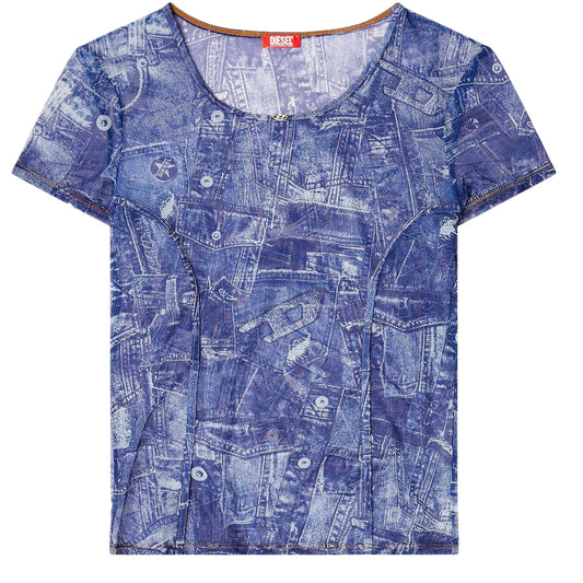 Blue - Front - Diesel Womens-Ladies Denim Look Sheer T-Shirt