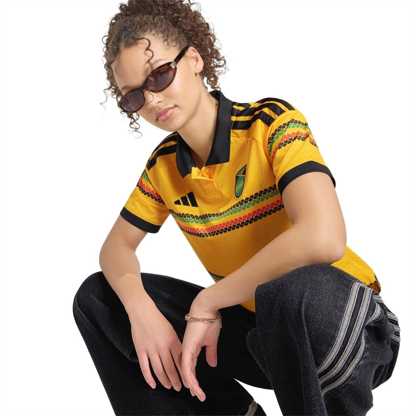 Gold-Green - Side - Adidas Womens-Ladies Bob Marley 2026 Jamaica Home Shirt