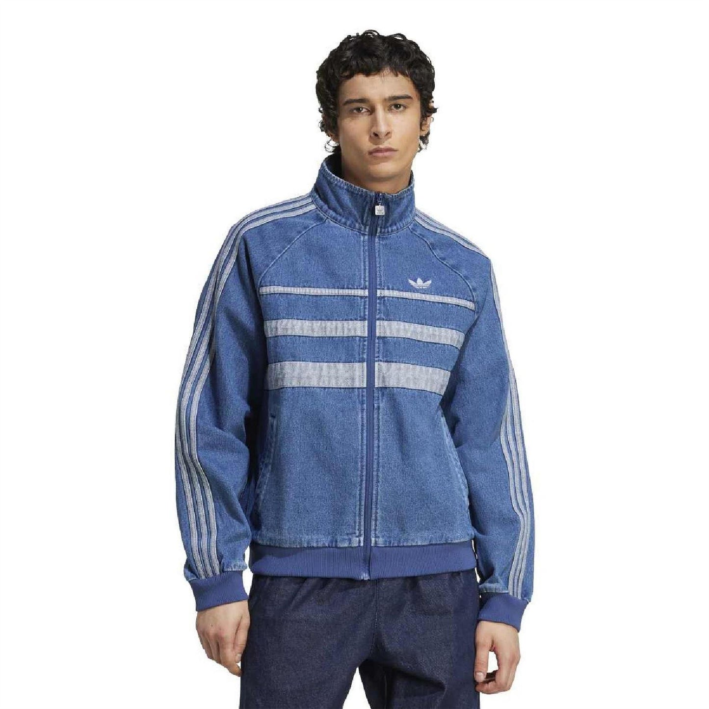 Light Denim - Lifestyle - Adidas Mens Adicolor 3 Stripes Cotton Denim High-Neck Raglan Track Top