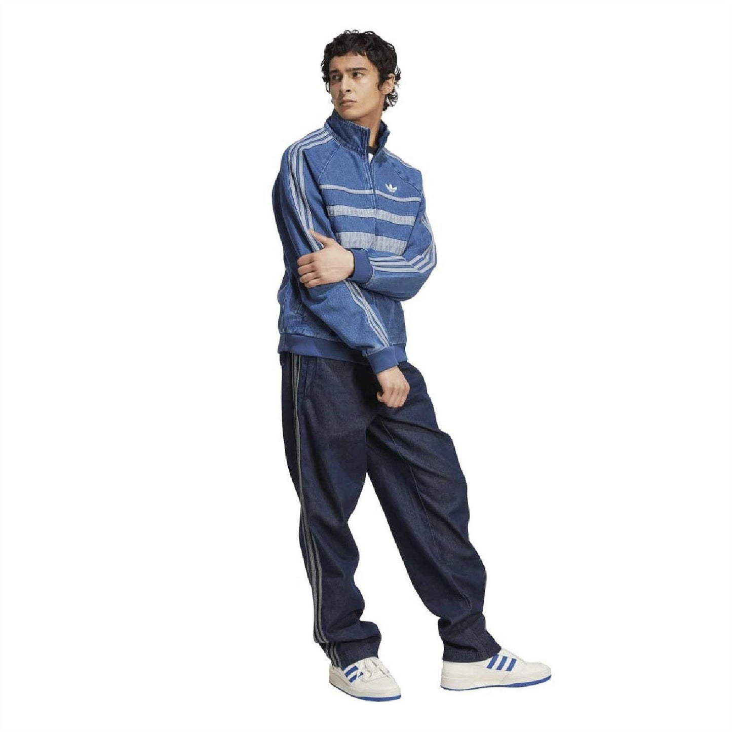 Light Denim - Pack Shot - Adidas Mens Adicolor 3 Stripes Cotton Denim High-Neck Raglan Track Top