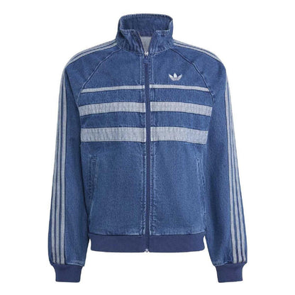 Light Denim - Front - Adidas Mens Adicolor 3 Stripes Cotton Denim High-Neck Raglan Track Top