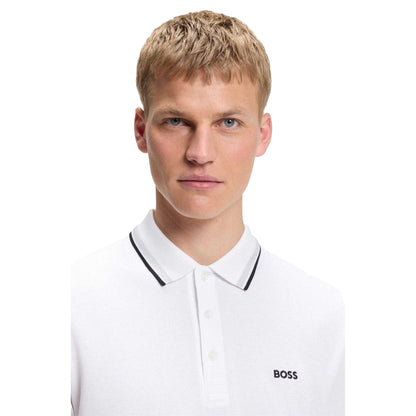 White - Side - Boss Mens Paddy Logo Contrast Trim Regular Polo Shirt