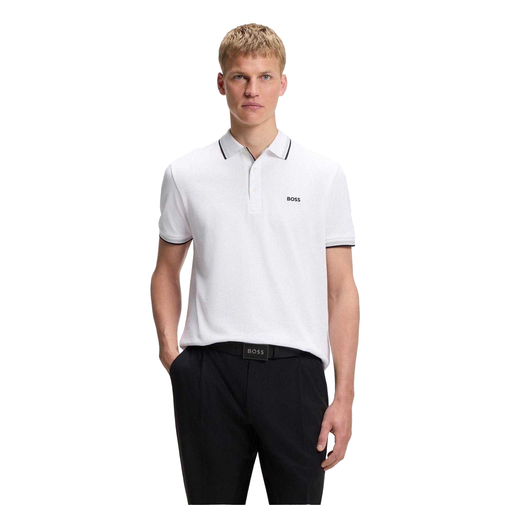 White - Lifestyle - Boss Mens Paddy Logo Contrast Trim Regular Polo Shirt