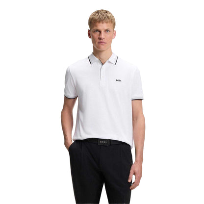 White - Lifestyle - Boss Mens Paddy Logo Contrast Trim Regular Polo Shirt