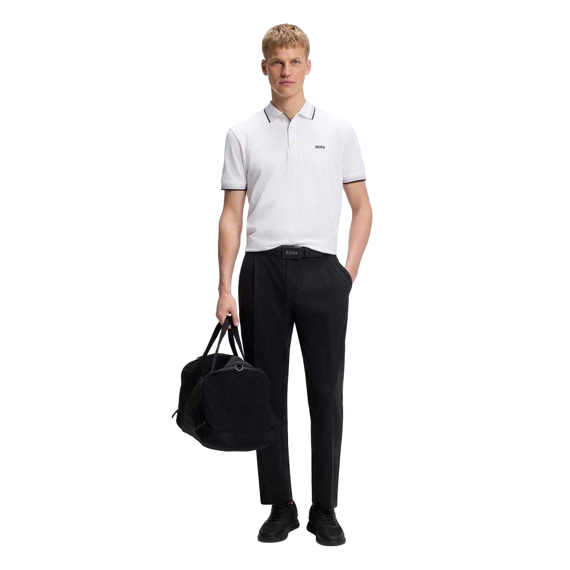 White - Pack Shot - Boss Mens Paddy Logo Contrast Trim Regular Polo Shirt