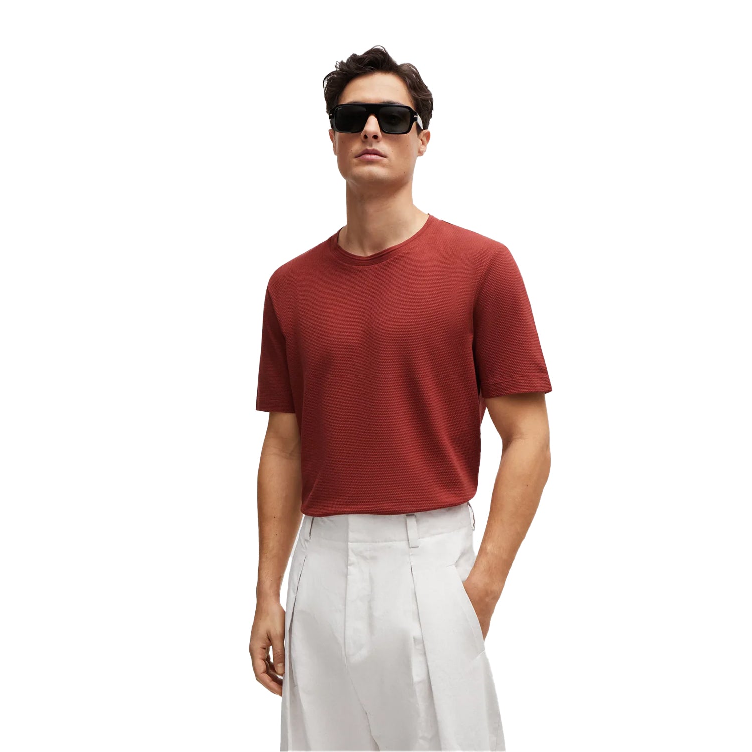 Brown - Side - Boss Mens Tiburt Bubble Structure Jacquard T-Shirt