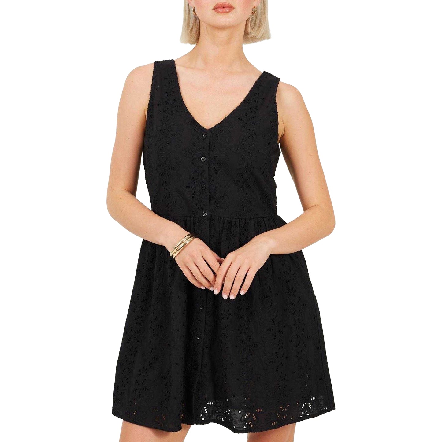 Black - Front - Brave Soul Womens-Ladies Broderie Fitted And Flared Mini Dress