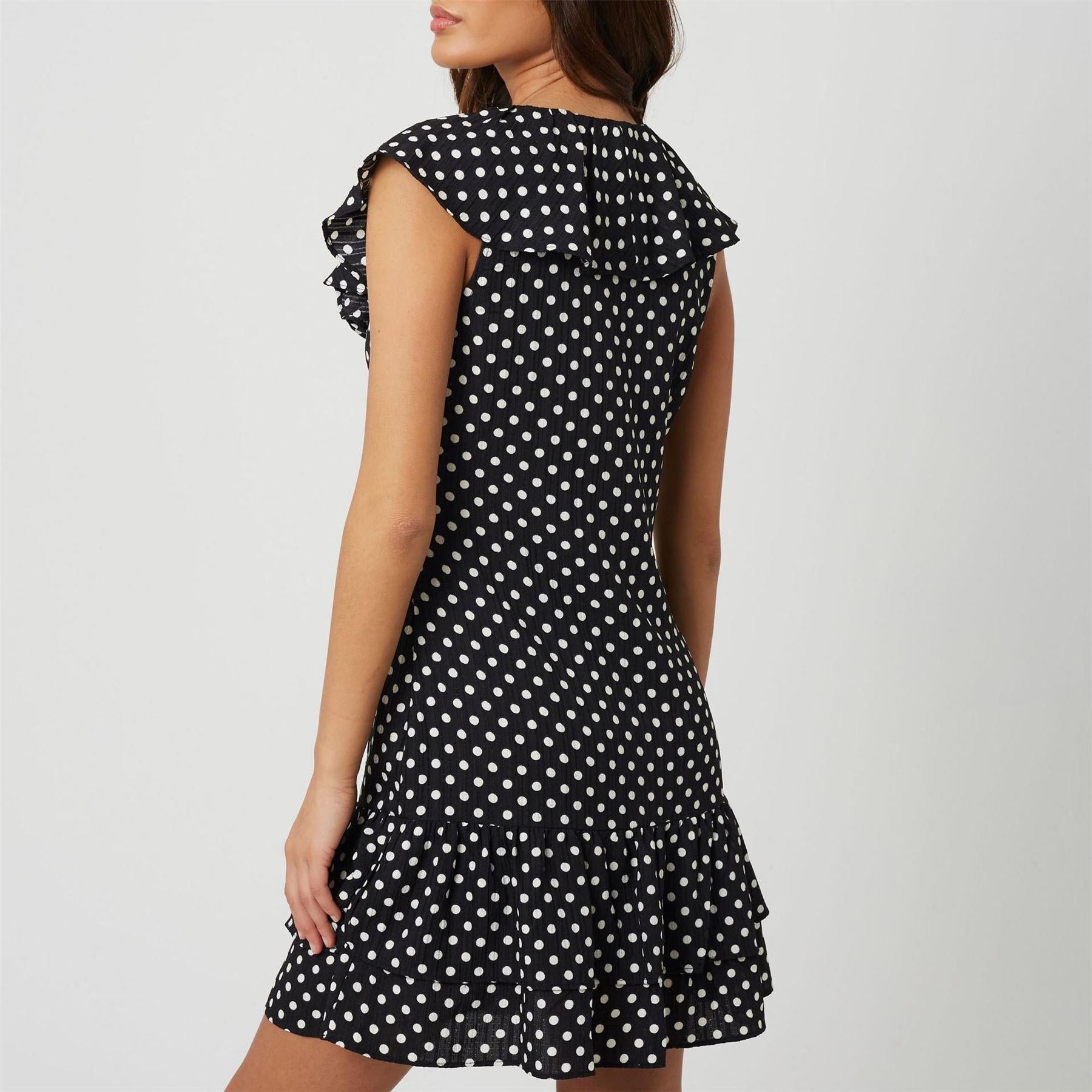 Black-Cream - Pack Shot - Brave Soul Womens-Ladies Polka Dot Frill Detail Mini Dress