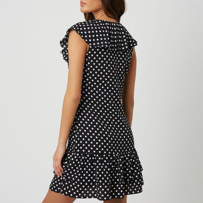 Black-Cream - Pack Shot - Brave Soul Womens-Ladies Polka Dot Frill Detail Mini Dress