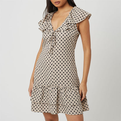 Beige-Black - Front - Brave Soul Womens-Ladies Polka Dot Frill Detail Mini Dress