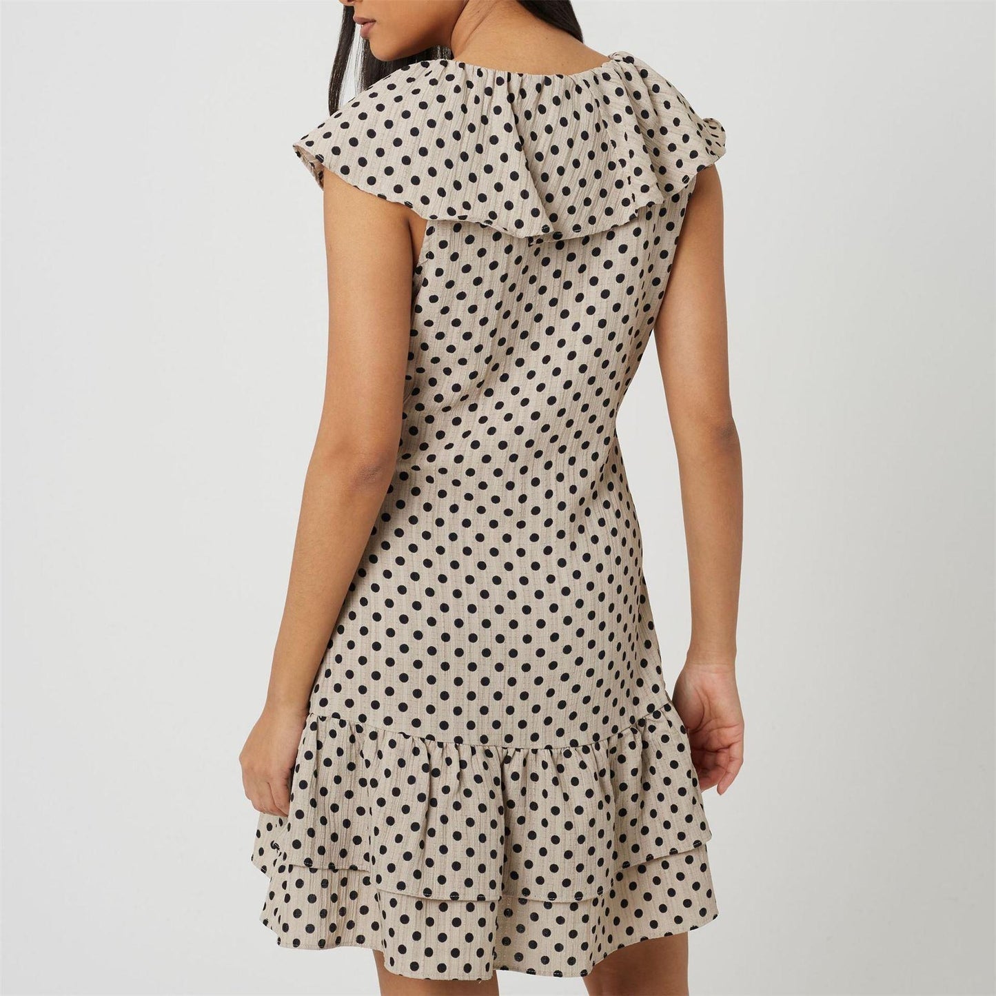 Beige-Black - Back - Brave Soul Womens-Ladies Polka Dot Frill Detail Mini Dress