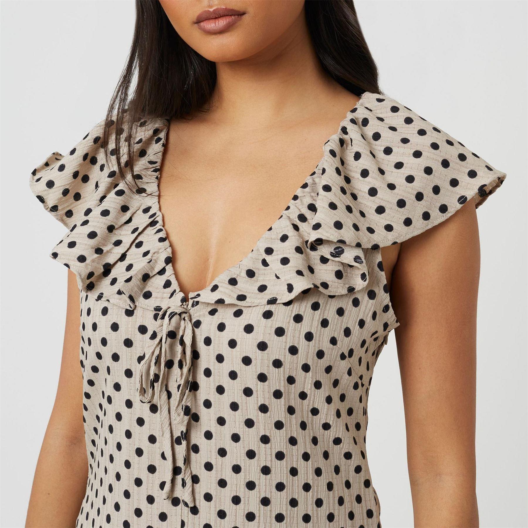 Beige-Black - Side - Brave Soul Womens-Ladies Polka Dot Frill Detail Mini Dress