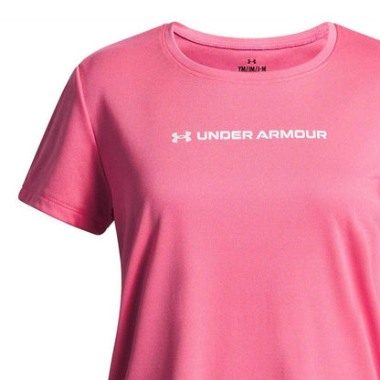 Pink - Side - Under Armour Childrens-Kids Tech Wordmark Performance T-Shirt