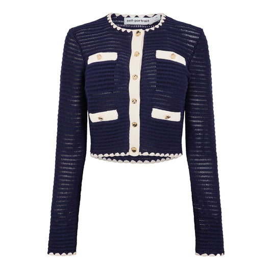 Navy - Front - Self-Portrait Womens-Ladies Crochet Cardigan
