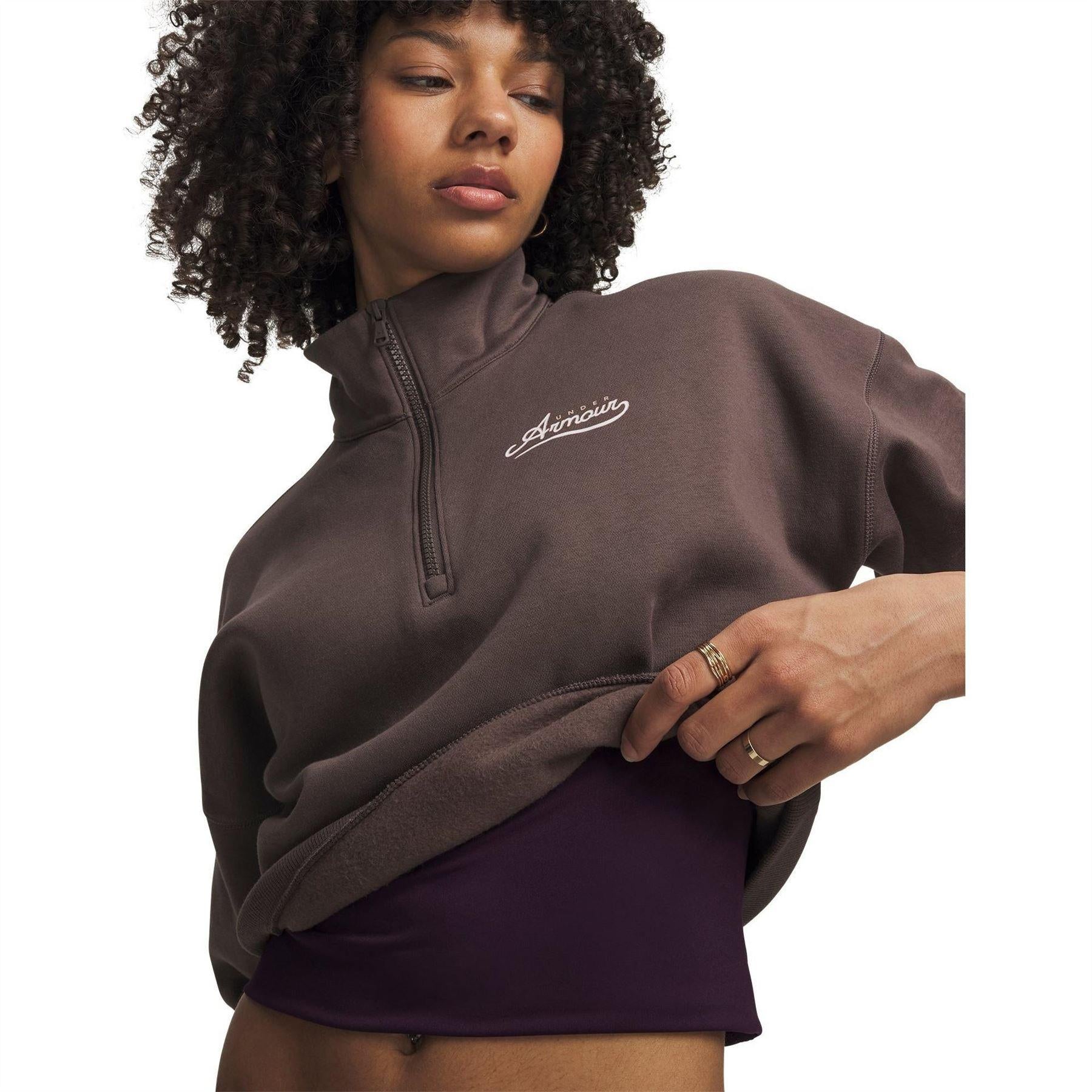 Mocha - Side - Under Armour Womens-Ladies Rival Cropped Half Zip Sweatshirt