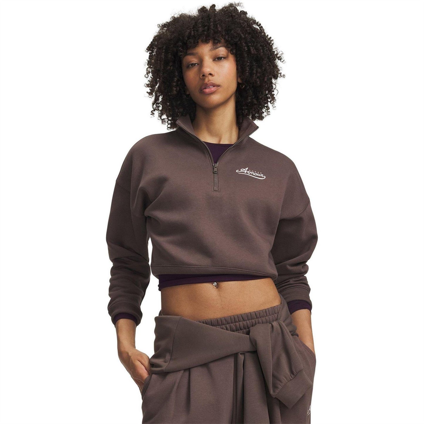 Mocha - Front - Under Armour Womens-Ladies Rival Cropped Half Zip Sweatshirt