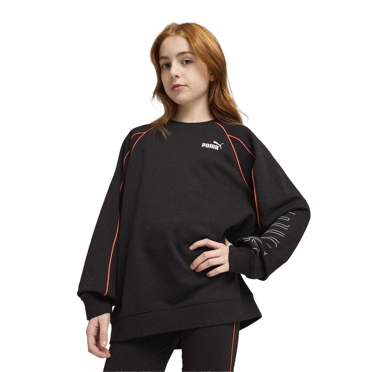 Puma Black - Side - Puma Childrens-Kids Sportstyle Relaxed Fit Raglan Long-Sleeved Sweatshirt