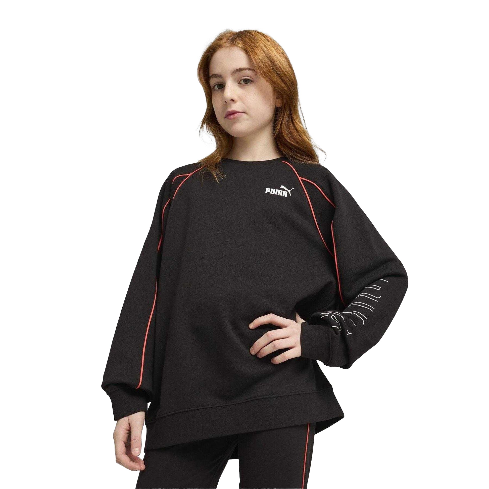 Puma Black - Side - Puma Childrens-Kids Sportstyle Relaxed Fit Raglan Long-Sleeved Sweatshirt