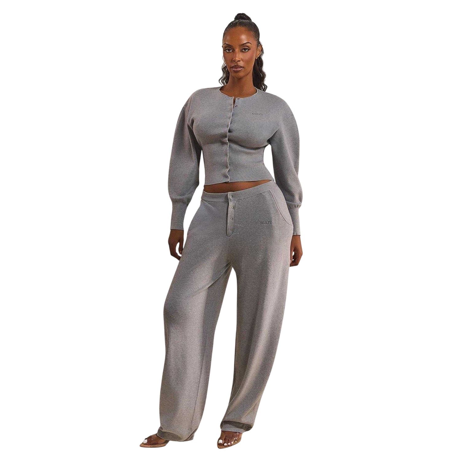 Grey - Side - Mars The Label Womens-Ladies Relaxed Fit Puff Sleeve Cardigan