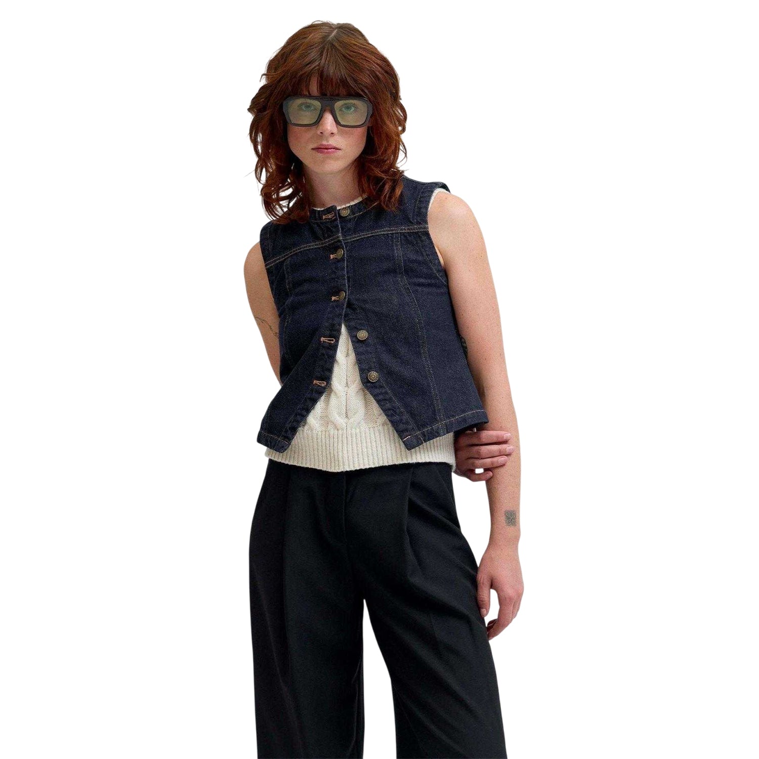 Dark Blue - Side - JJXX Womens-Ladies Denim Sleeveless Waistcoat