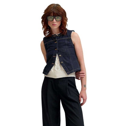Dark Blue - Side - JJXX Womens-Ladies Denim Sleeveless Waistcoat