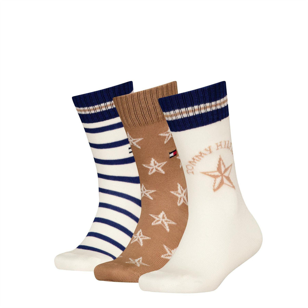Khaki - Front - Tommy Hilfiger Childrens-Kids Ribbed Crew Socks (Pack of 3)