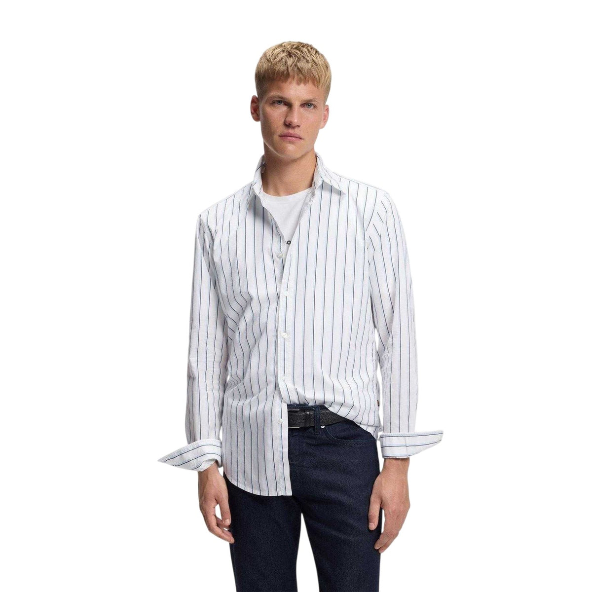White - Lifestyle - Boss Mens Striped Regular Shirt