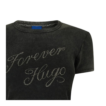 Black - Side - Hugo Womens-Ladies Lettering Print Crew Neck Slim T-Shirt