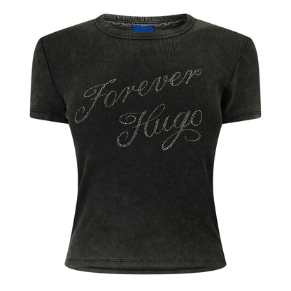 Black - Front - Hugo Womens-Ladies Lettering Print Crew Neck Slim T-Shirt