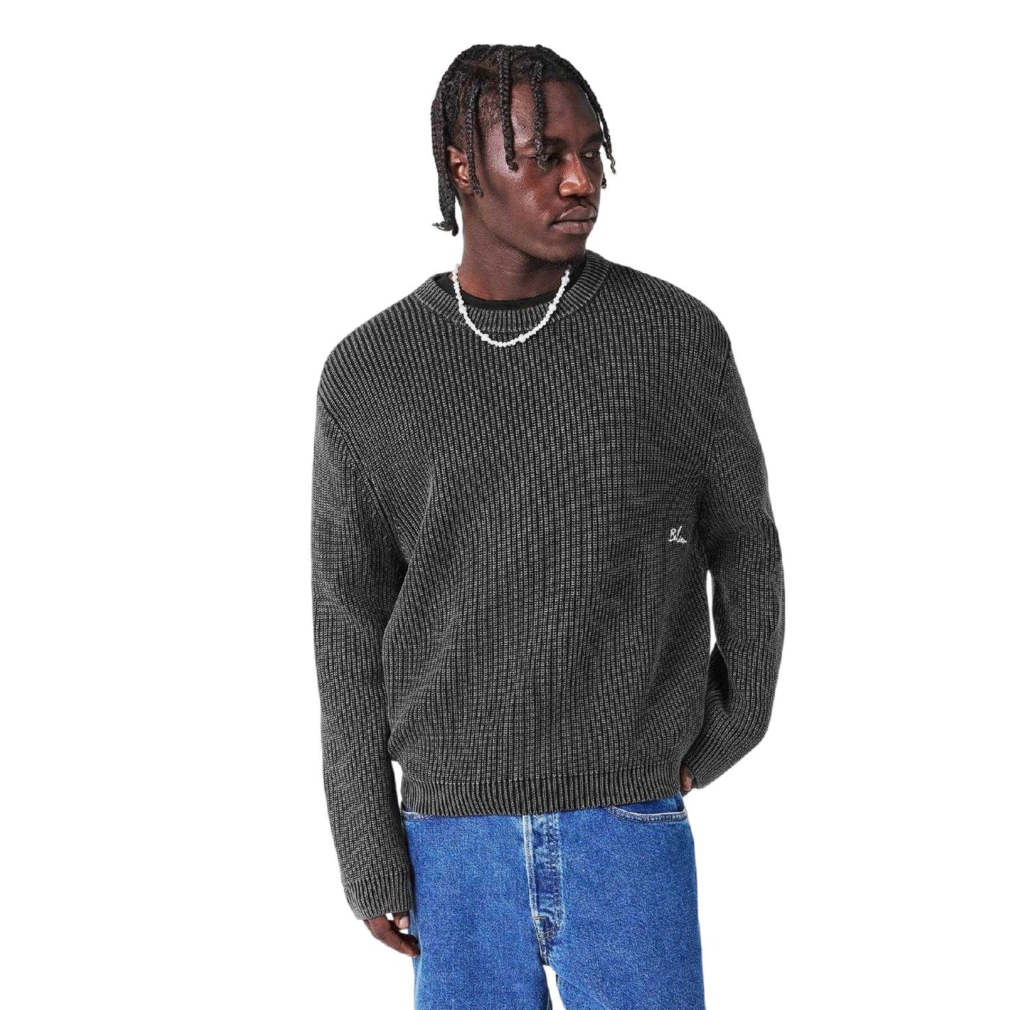 Washed Black - Side - Belier Mens Ribbed Crew Neck Jumper