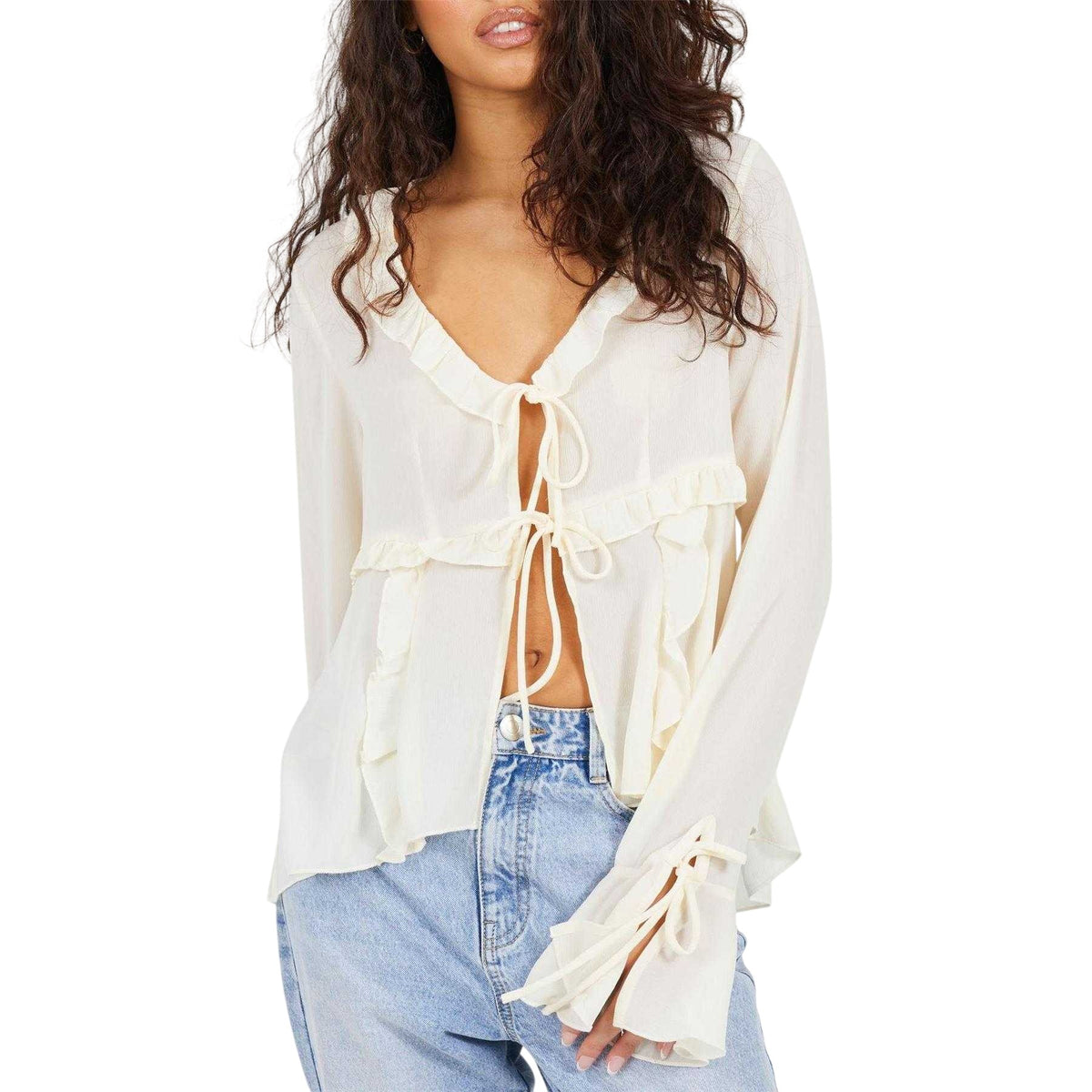 Cream - Front - Brave Soul Womens-Ladies Frill Long-Sleeved Top