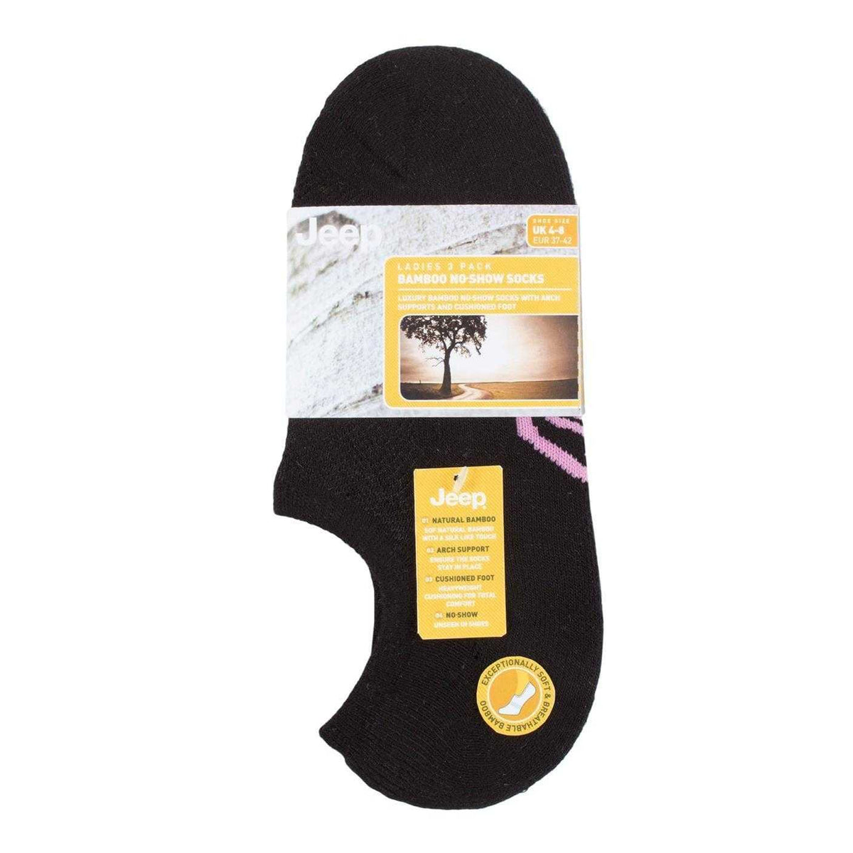 Black - Side - Jeep Womens-Ladies Bamboo No-Show Socks (Pack of 3)
