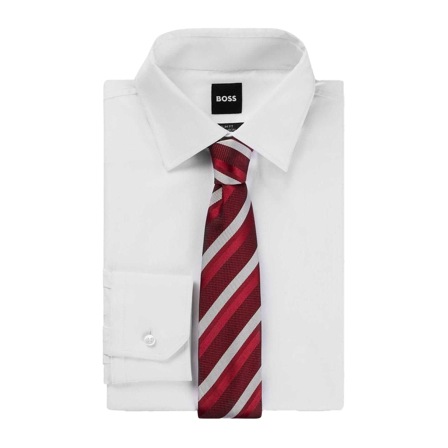 Red - Back - Boss Striped Silk Jacquard Tie