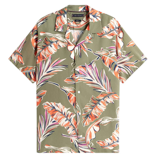 Battle Green - Front - Tommy Hilfiger Mens Tropical Regular Short-Sleeved Shirt