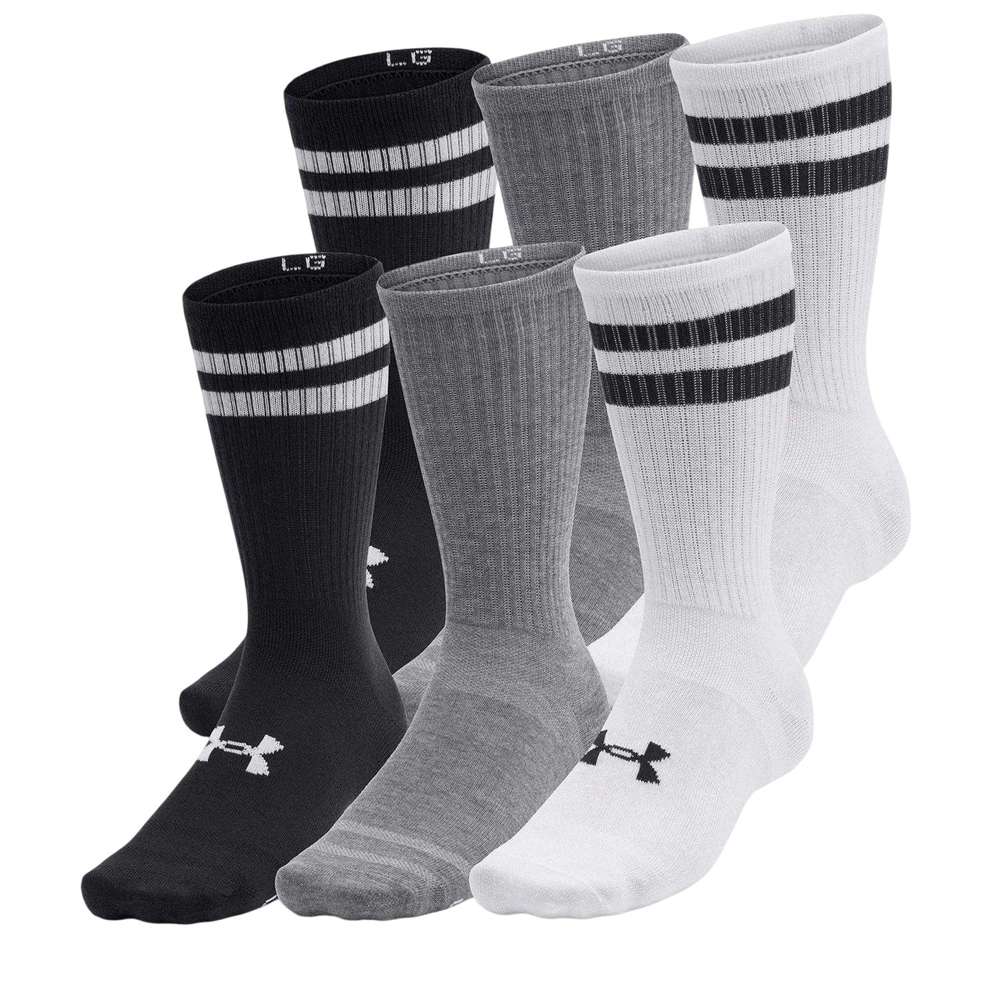 White-Black-Grey - Front - Under Armour Unisex Adult Essential Logo Crew Socks (Pack of 6)