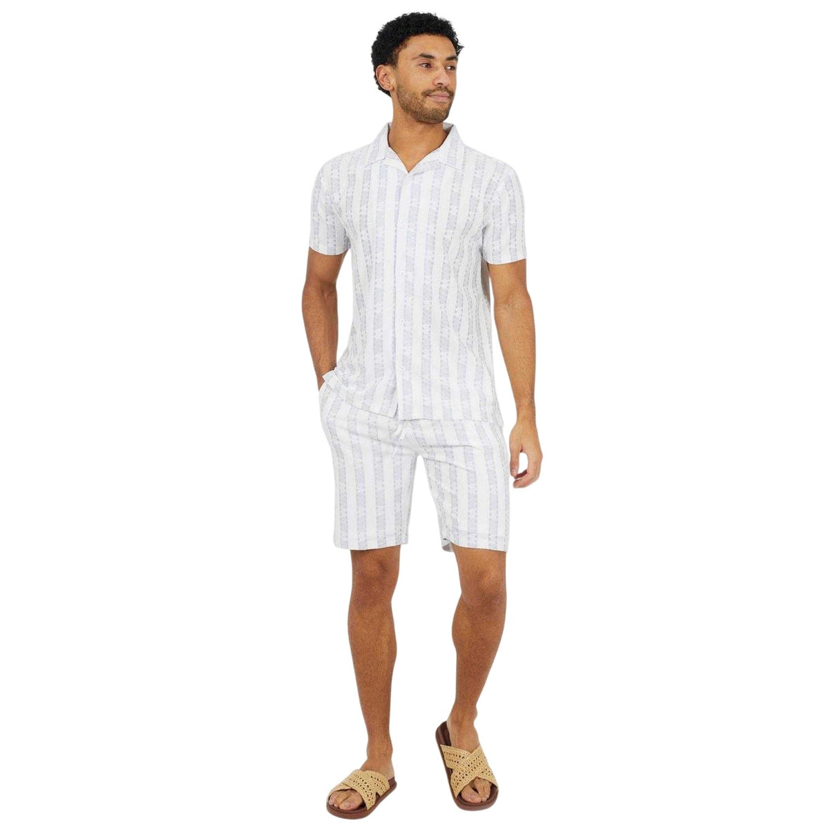 White-Grey - Lifestyle - Brave Soul Mens Striped Open Collar Shirt
