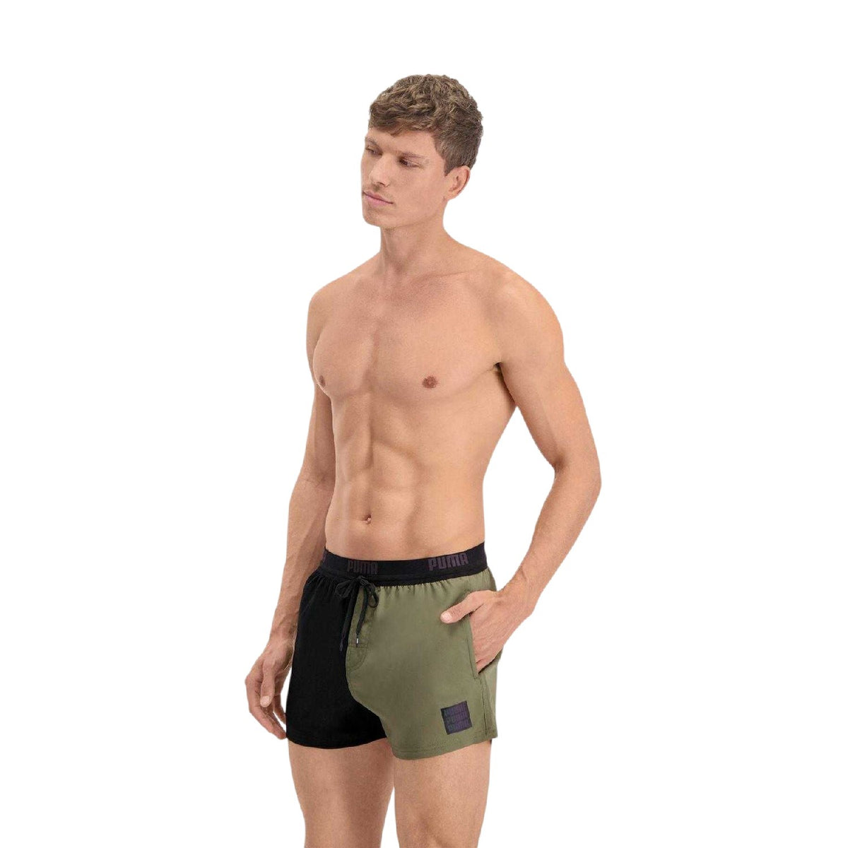 Black-Khaki - Side - Puma Mens Colour Block Swim Shorts