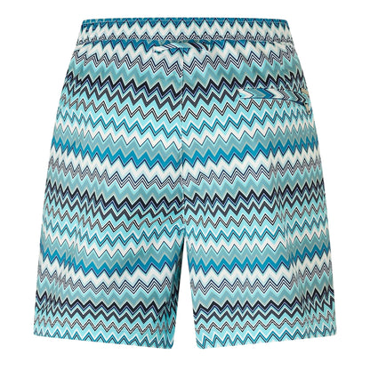 Blue-Green-White - Back - Belier Mens Zig Zag Adjustable Side Tabs Swim Shorts