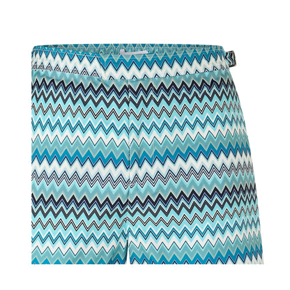 Blue-Green-White - Side - Belier Mens Zig Zag Adjustable Side Tabs Swim Shorts