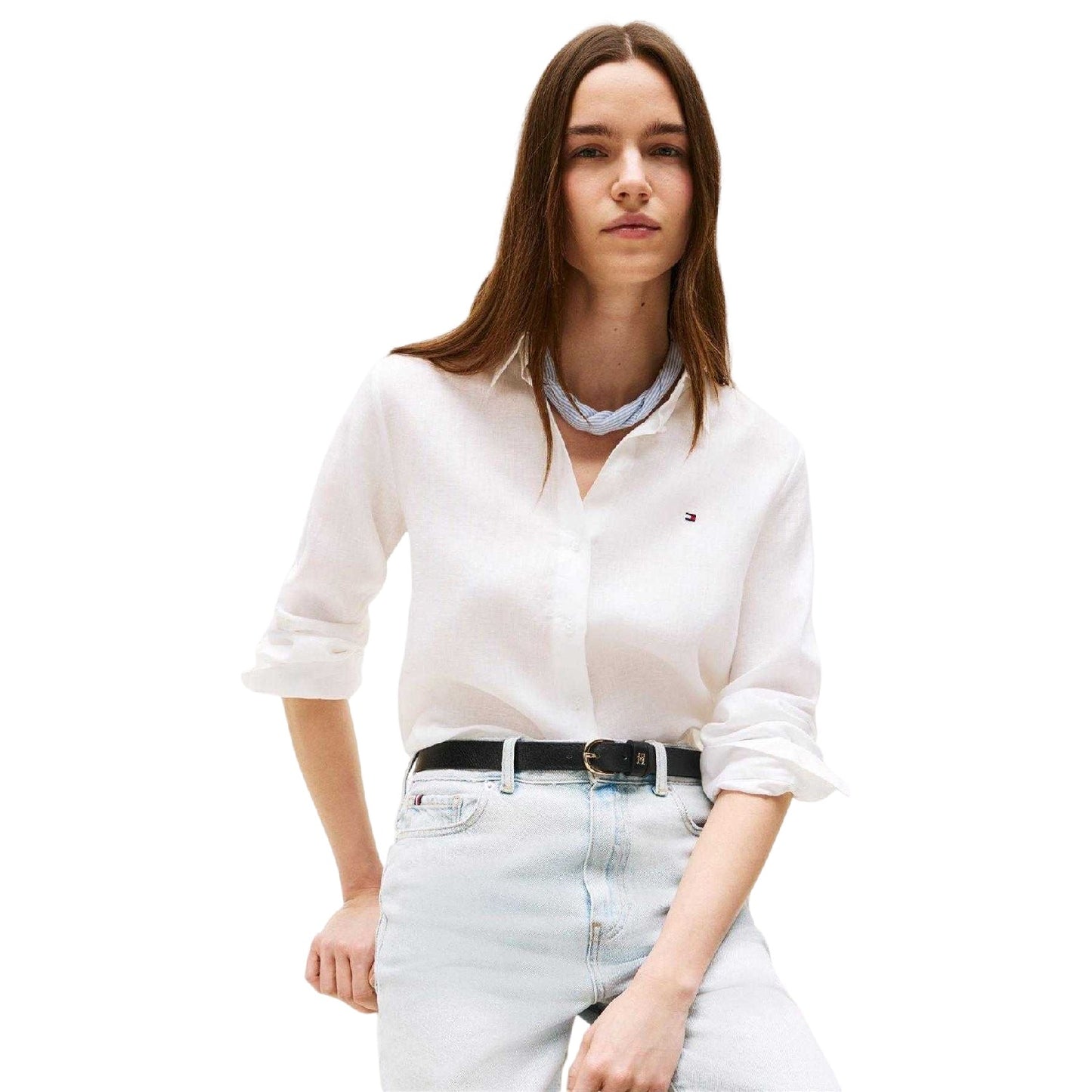 Optic White - Side - Tommy Hilfiger Womens-Ladies Linen Long-Sleeved Shirt