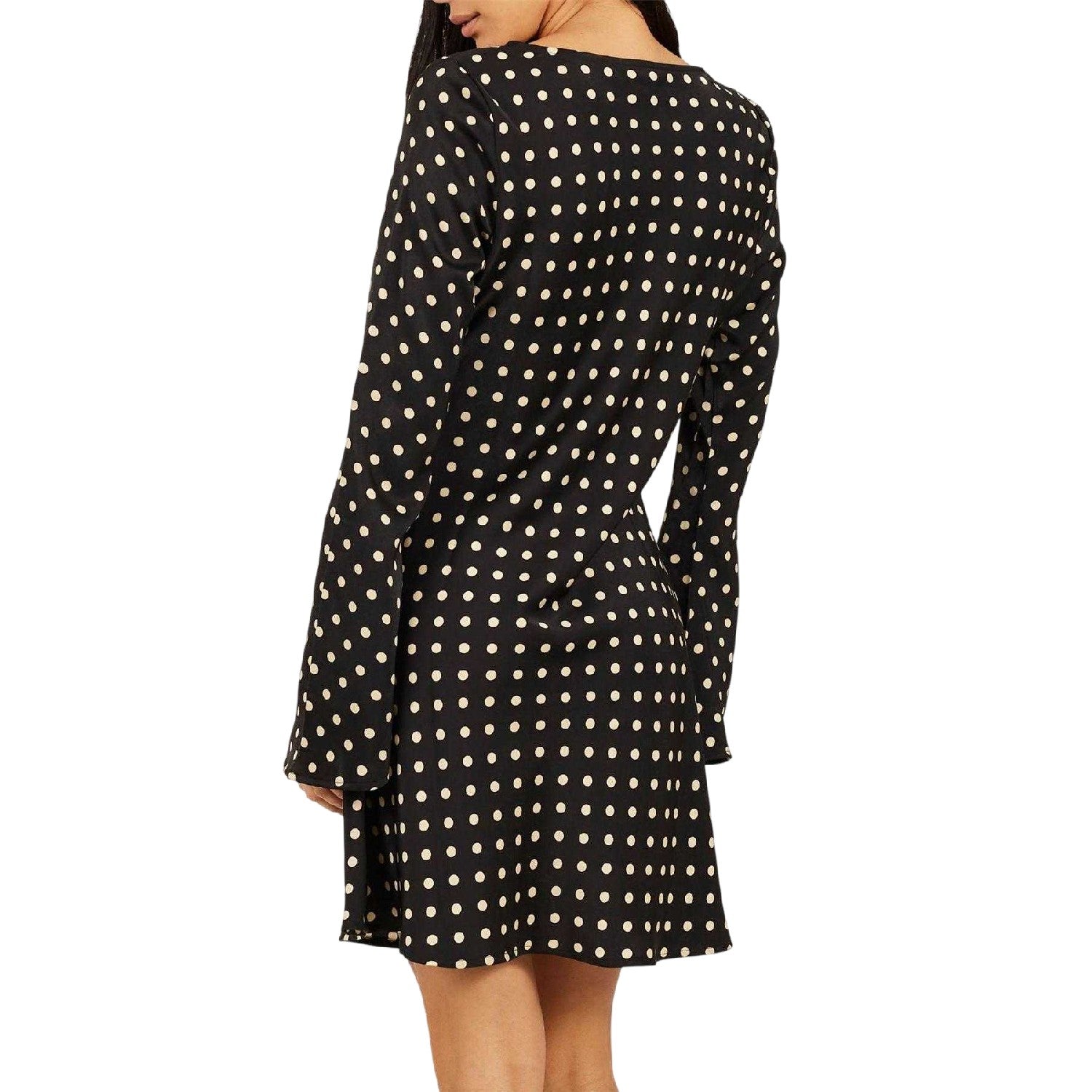 Black-Cream - Back - Brave Soul Womens-Ladies Polka Dot Bell Sleeve Mini Dress
