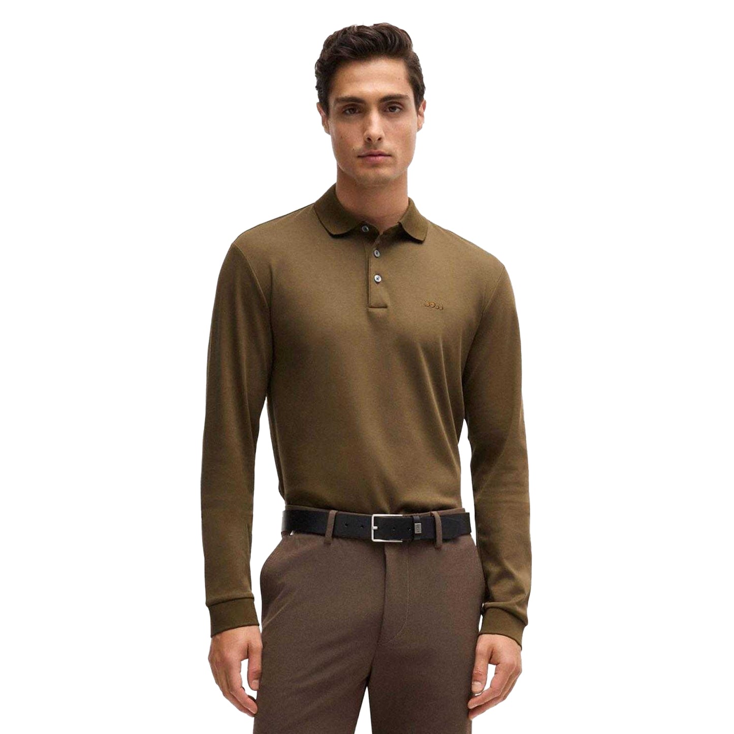 Green - Side - Boss Mens Pado 30 Embroidered Logo Long-Sleeved Polo Shirt