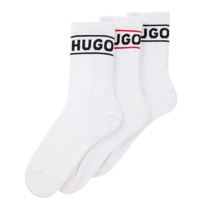 White - Back - Hugo Mens Qsrib Sporty Lettering Crew Socks (Pack of 3)