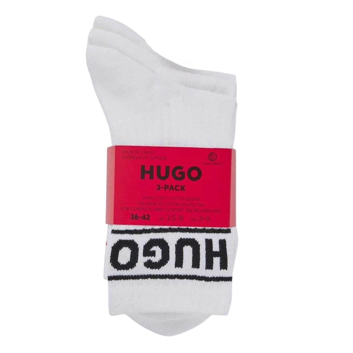 White - Side - Hugo Mens Qsrib Sporty Lettering Crew Socks (Pack of 3)