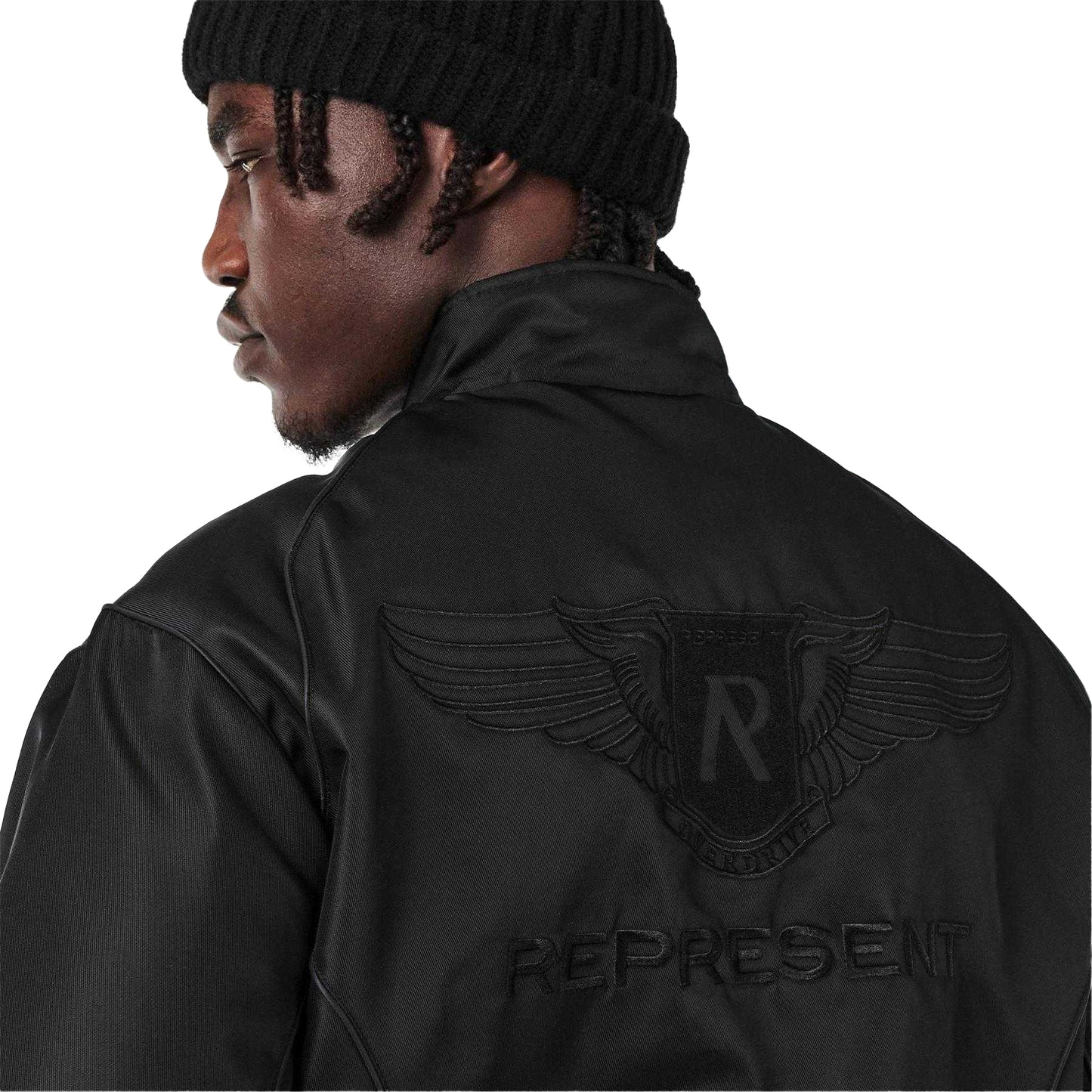 Black - Side - Represent Mens Ribbed Collar Bomber Jacket