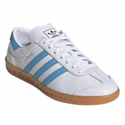 Cloud White-Sky-Rush - Pack Shot - Adidas Womens-Ladies Hamburg 3 Stripes Leather Trainers