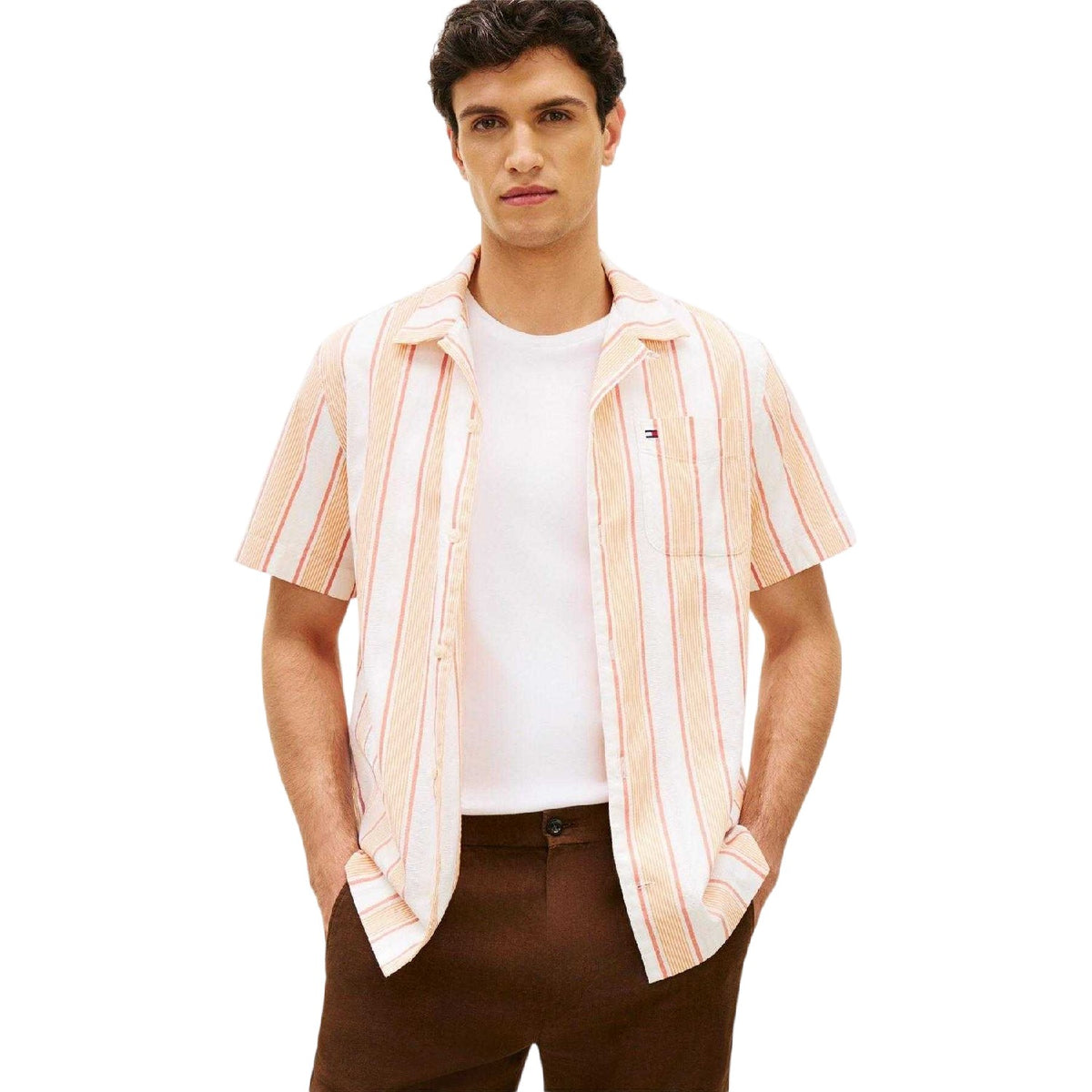 Orange - Side - Tommy Hilfiger Mens Striped Short-Sleeved Shirt